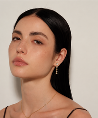 Model wearing Cascade Earrings in gold, three-quarter portrait
