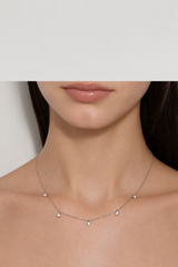 Model wearing Pluie de Lumière Necklace in silver, front close-up